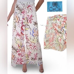 CeCe Red‎ Floral Tie Front Overlay Wide Leg Palazzo Pants Women’s Large Resort